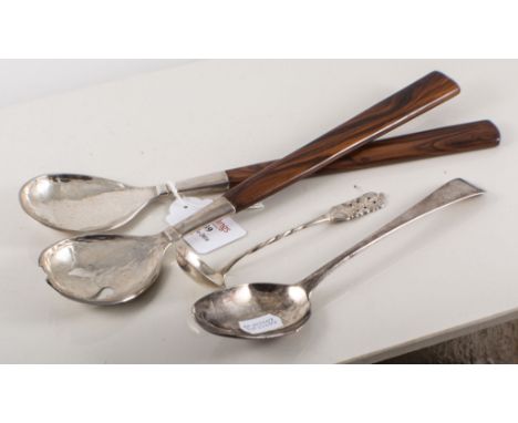 Georgian silver serving spoon, (worn), a sauce ladle, a pair of South American salad servers with wooden hafts, (4).