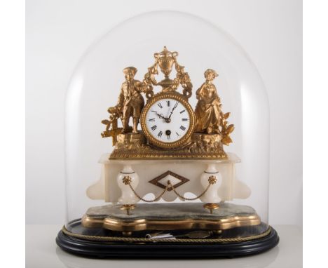 French gilt spelter and alabaster mantel clock, single train movement, replaced black plinth, standard glass dome, height 43c