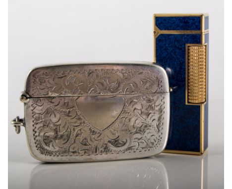 Dunhill cigarette lighter in lapis coloured blue enamel, EPNS vesta case (2).