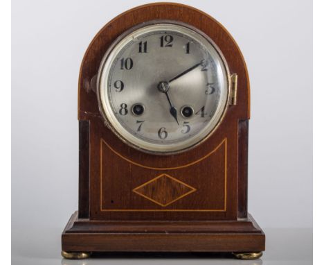 Victorian carved walnut cased aneroid barometer and thermometer and a mahogany cased mantel clock, inlaid decoration. silvere