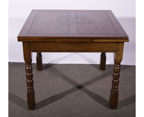 Oak draw-leaf dining table, square shaped top, bobbin turned legs, 91 x 91cms and three dining chairs, (4).
