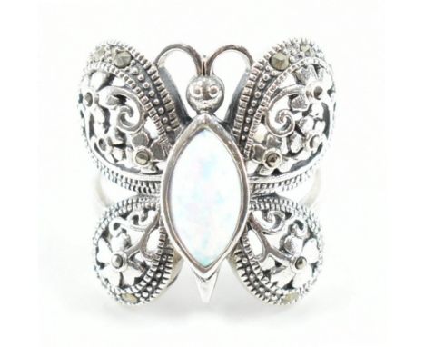 A 925 silver, opalite &amp; marcasite butterfly ring. The ring in the form of a butterfly having a marquise cut simulated opa