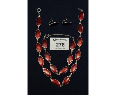 Silver and red enamel necklace, bracelet and earrings.(B.P. 21% + VAT) 