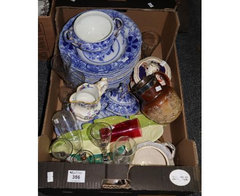 Box of assorted china and glass to include; Staffordshire 'Peking' blue and white transfer printed bowls, stoneware jugs, rub
