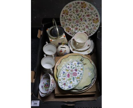 Box of china to include; Minton 'Haddon Hall' items, Aynsley commemorative loving mugs, Royal Doulton cabinet plate depicting