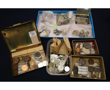 A box containing a large quantity of GB and foreign coinage, various, tokens, together with assorted medals and medallions, S
