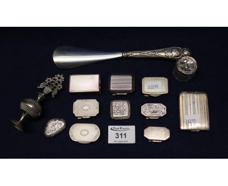 Bag of assorted silver and other white metal items including snuff boxes, match case, shoe horn, pill boxes etc. (B.P. 21% + 