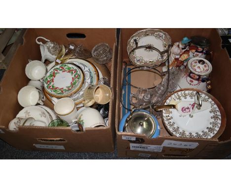 Two boxes of assorted china and glass to include; floral teapot, cake stand, floral plates, various teaware, silver plated an
