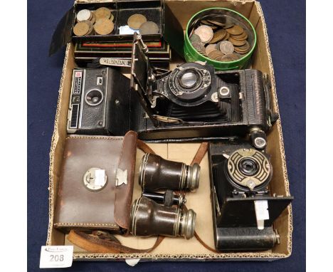 Tray of assorted cameras, including two folding cameras, an Instamatic camera, pair of vintage opera glasses and case, small 