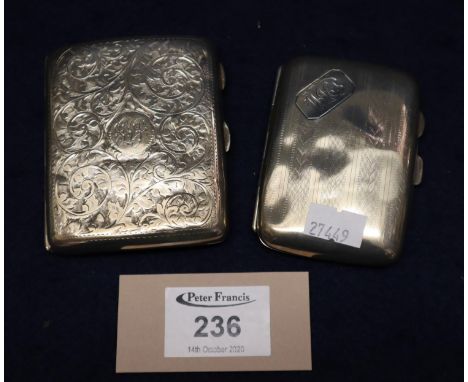 Two small silver cigarette cases of shaped form, engine turned and foliate engraved. Chester and Birmingham hallmarks. 4.3 tr