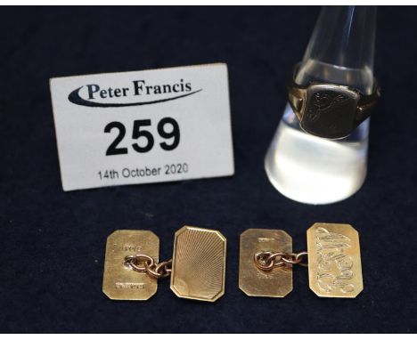 Pair of 9ct gold cufflinks, approx weight 6.4 grams. Silver signet ring.  (B.P. 21% + VAT) 