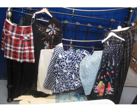 Collection of vintage clothing (60's-80's) to include; an 80's silk and sequin dress by Serenada, a blue and white sleeveless