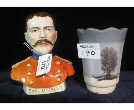 Mocha ware type pottery tumbler, together with a ceramic bust of Earl Kitchener. (2)(B.P. 21% + VAT) 