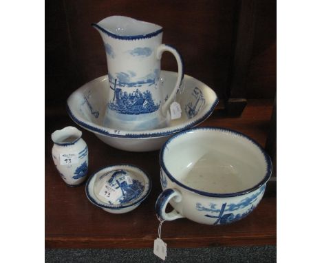 Empire ware Staffordshire 'East Anglia' blue and white transfer printed china jug and basin set. Together with chamber pot, s