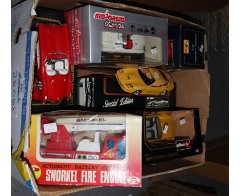 Box of assorted diecast model vehicles, mainly in original boxes to include; Burago, Maesto, automatic battery operated snork