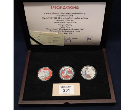 Cased 'The Centenary of the First World War' £5 sterling silver three coin set, Bailiwick of Jersey, Bailiwick of Guernsey an