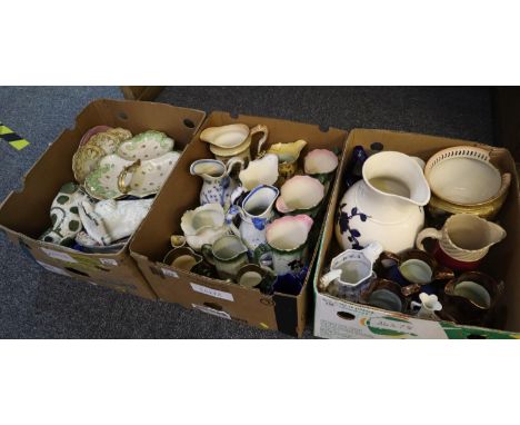Three boxes of assorted china to include; 19th Century and other dresser jugs, Royal Worcester rose design jardiniere in very