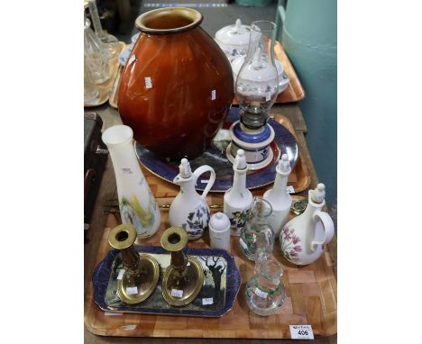 Two trays of assorted items to include; pair of brass candlesticks. Portmeirion pottery condiments, large orange art glass va