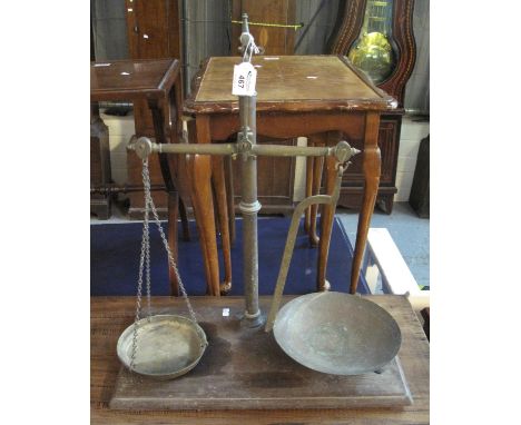Set of 19th century brass pillar shop balance scales on mahogany base.(B.P. 21% + VAT) 