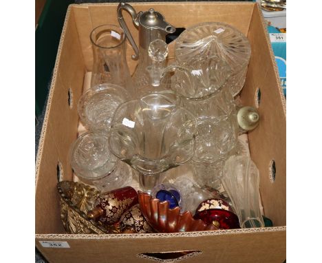 Box of assorted glass; vases, claret jug, ruby coloured scent bottles, carnival glass etc. (B.P. 21% + VAT) 