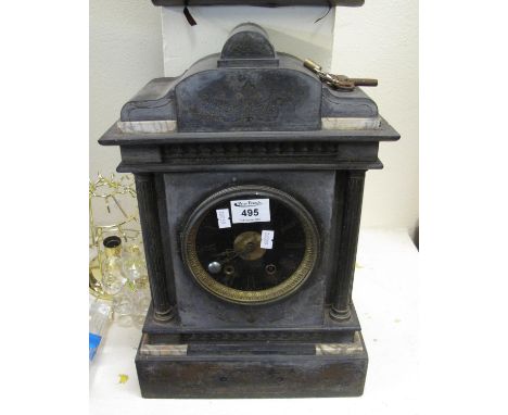 Late Victorian slate and marble two train architectural design mantel clock with key. (B.P. 21% + VAT) 