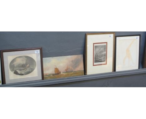 Furnishing pictures to include; two marine prints, an oils on canvas marine study, unsigned and a nude portrait sketch. (4) (