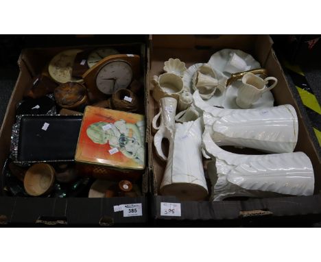 Box containing Royal Worcester tusk shaped moulded leaf design jugs and similar items, together with another box of oddments 