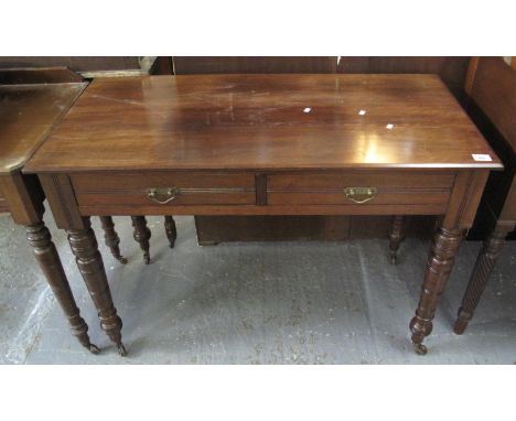 Edwardian mahogany side table having moulded top with two pull out drawers and brass loop handles, standing on ring turned su