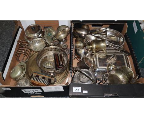 Two boxes of assorted metalware and other items to include; ladles, entree dishes, tea caddy, candlesticks etc. (2)(B.P. 21% 