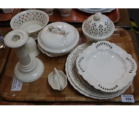 Tray of Leeds creamware items, various to include; pierced plates, candlestick, bell, bowls etc. Together with a pair of Germ