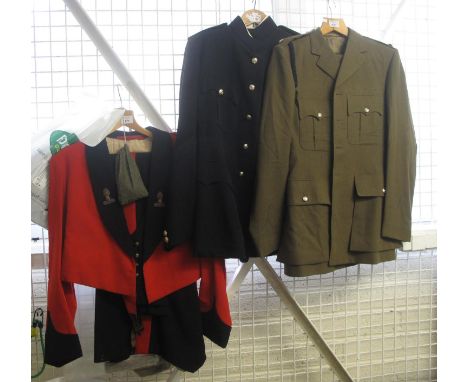 British army three piece dress uniform with Royal Engineers buttons, bag of other military buttons and insignia, another bag 