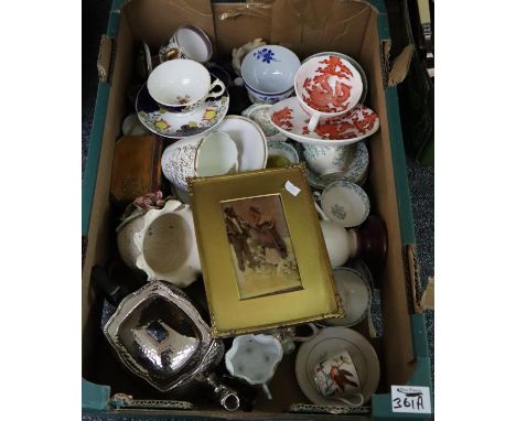 Box of assorted china and other items; cabinet cups and saucers, glass Crystoleum etc. (B.P. 21% + VAT) 