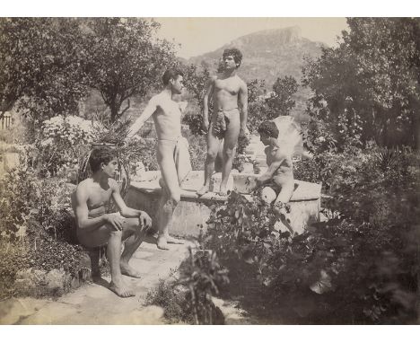   Gloeden, Wilhelm von: Young male nudes by fountain  Young male nudes by fountain. 1900. Vintage large-format albumen print.