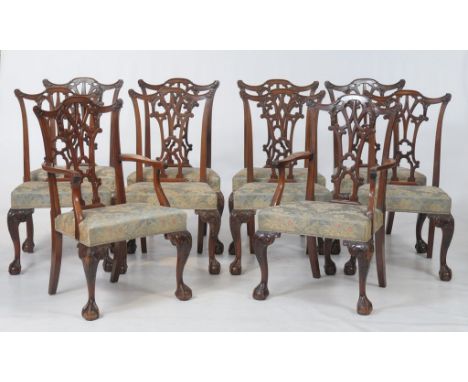 A good set of ten Chippendale style mahogany dining chairs circa 1900
Each with arched leafy cresting rails above pierced qua