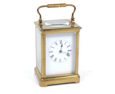 A late 19th Century/early 20th Century French brass cased carriage clock timepiece, unknown maker
The white enamelled dial wi