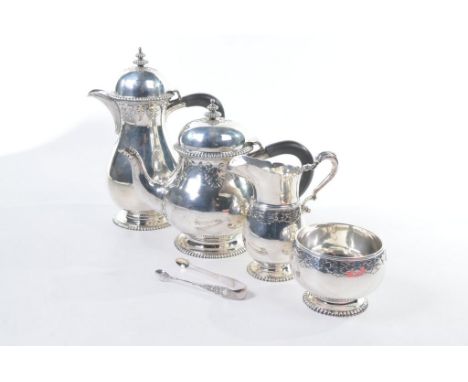 A four-piece silver tea service, by Finnigans Ltd, London 1919
Of rounded baluster form, the teapot and hot water pot with do