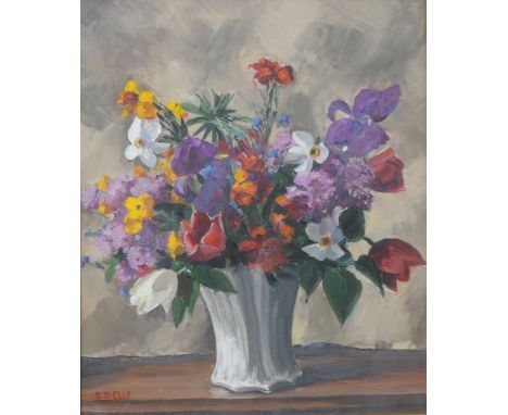 R Beille, "Spring Blooms" Painted depicting vibrant bouquets of flowers spilling from a vase, signed lower left corner, oil o