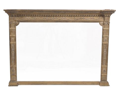 A 19th Century giltwood over mantle mirror
Of architectural form, the upper capital carved with dentil and stiff lappet borde