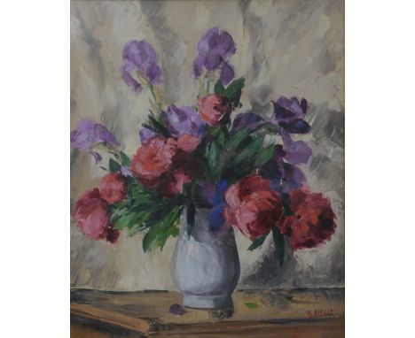 French School, R. Bielle , 'Spring flowers' 
Portraying a vase filled with tulips and roses, oil on board, signed lower right