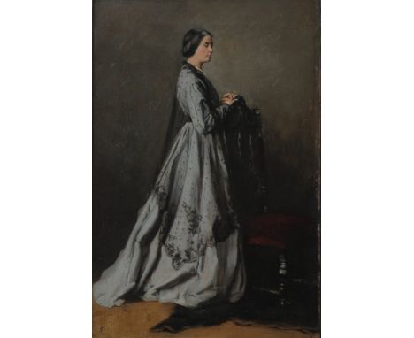 A British School Victorian full length portrait of a lady
The figure dress in blue bustle dress covered in black lace, stood 