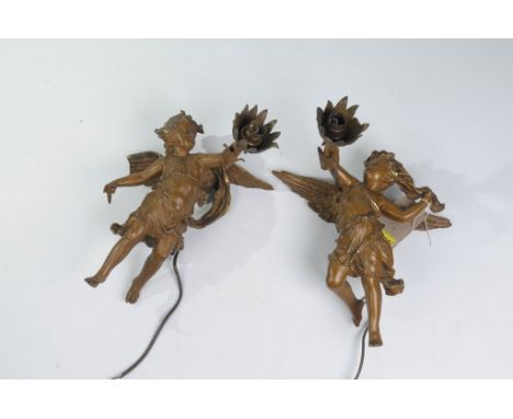 A pair of bronzed cast metal light fittings
The winged figures dressed in flowing robes, holding a flower head light fitting 
