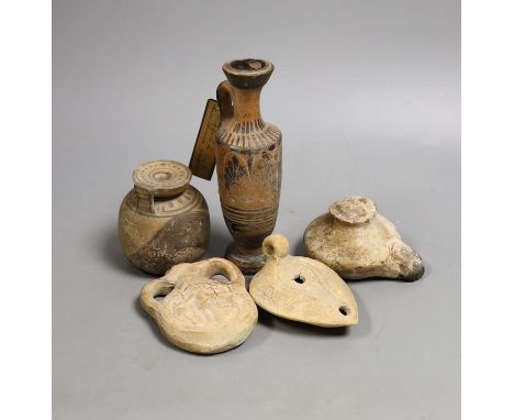 Two Ancient Greek painted pottery vessels, Apulia 3rd-4th century BC, two Roman/Byzantine oil lamps and a pilgrim flask,Talle