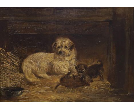 After Armfield, oil on wooden panel, Bitch and puppies in a stable, 17 x 23cm