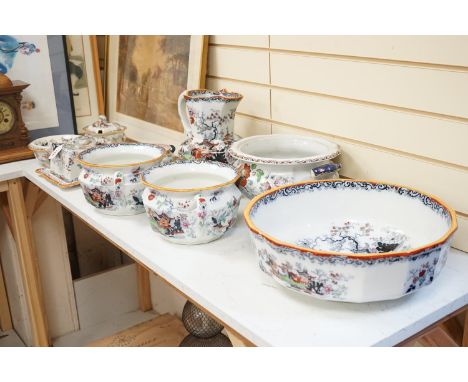 Victorian Masons Ironstone landscape pattern items to include a cheese dish, two chamber pots, Are you are and basin and othe