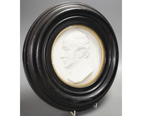 A 19th century cast plaster relief rounded portrait of Thomas Clutton Salt, lamp maker of Brimingham (af)