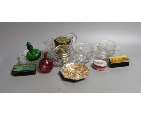 A Mauchlineware glass tumbler, a South Staffordshire enamel oval patch box, cut glass jug etc - 10 in total