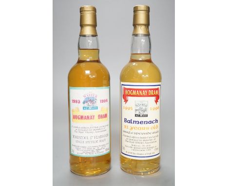 Two exclusive Master of Malt series whiskies: Hogmanay dram 1993/1994 Tomintoul 17 year old, distilled 8/10/76 bottled 12/199