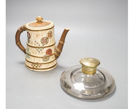 A Royal Worcester Japanese taste coffee pot and a Victorian glass squat shaped inkwell, with a brass lid (2)