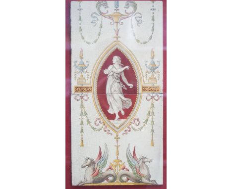 A late 19th century twin-tile panel, framed, tiles 20cm square
