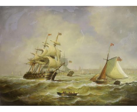 Jean Laurent (French, 1898-1988), oil on panel, Man O'War and sailing vessels in a choppy sea, signed, 44 x 60cm